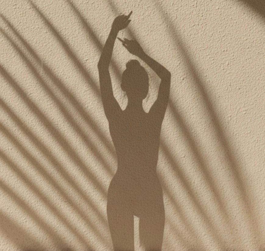 Schatten einer Person mit erhobenen Armen auf einer strukturierten Wand mit Palmblatt-Schatten.