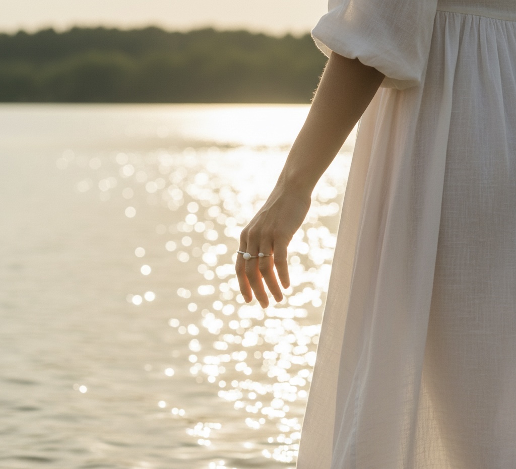 Nahaufnahme von Arm und Hand einer Person in weißem Kleid mit silbernen Ringen, im Hintergrund glitzert Sonnenlicht auf dem Wasser.