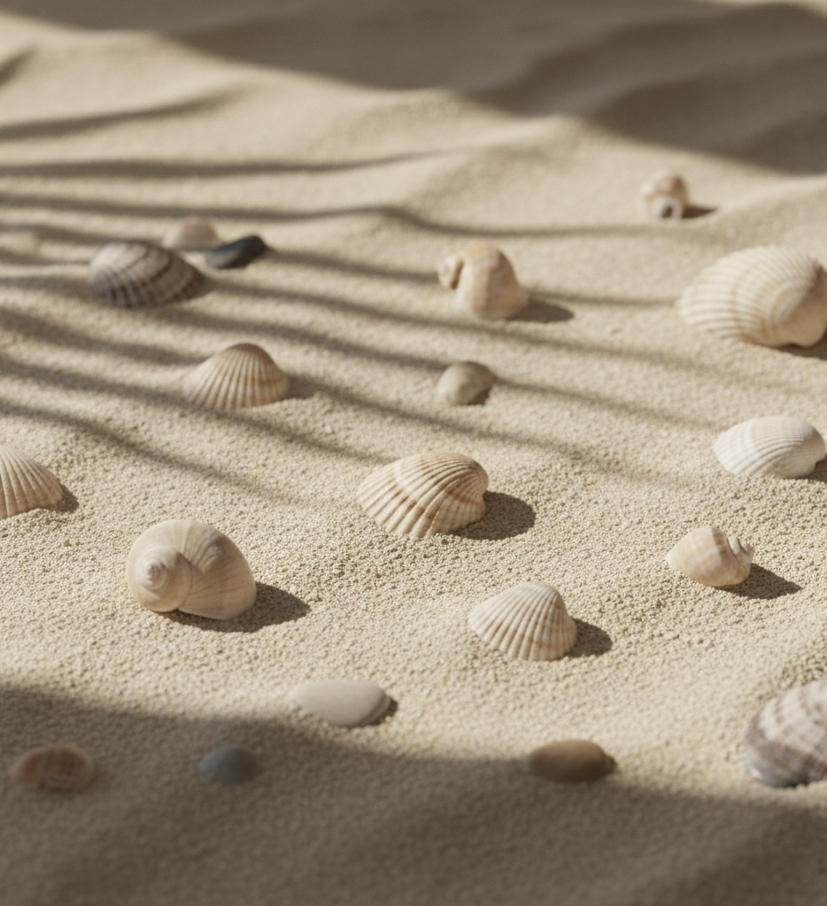 Verschiedene Muscheln auf sandiger Oberfläche mit Schatten im Sand.