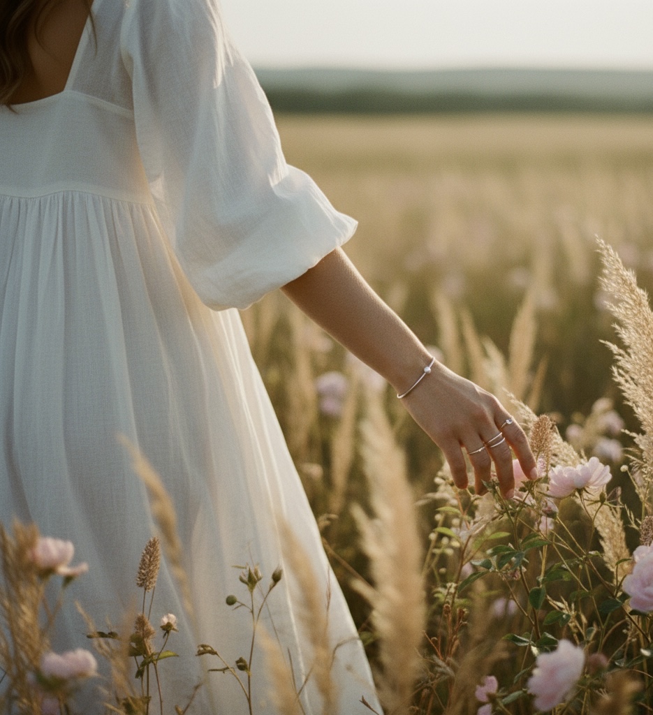 Nahaufnahme einer Person in weißem Kleid, die Wildblumen in einem sonnigen Feld berührt.