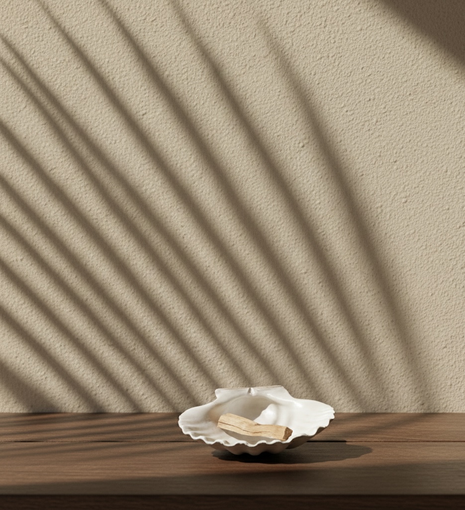 Weiße muschelförmige Schale mit zwei kleinen Holzstäbchen auf einer Holzoberfläche, Palmblatt-Schatten an einer beigen Wand.